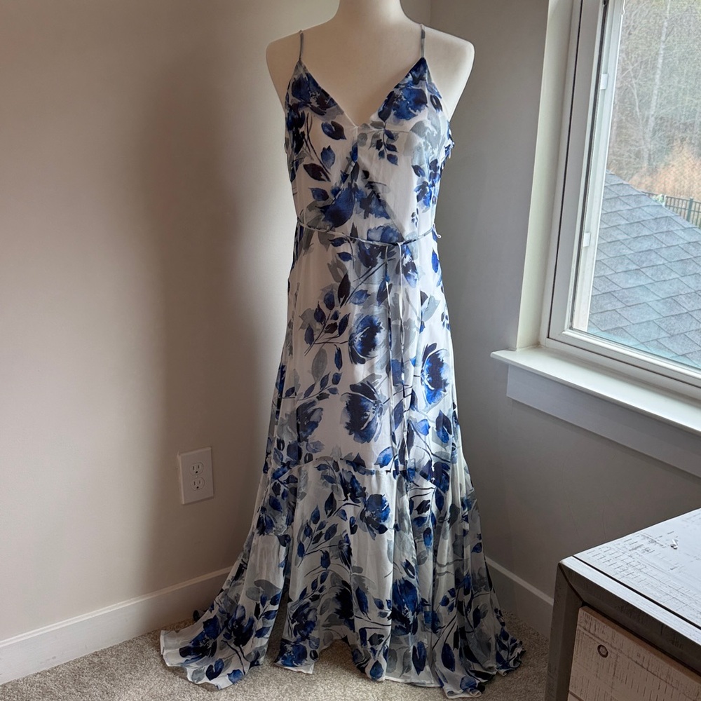 Lulu's White Maxi Dress with Blue Floral Print